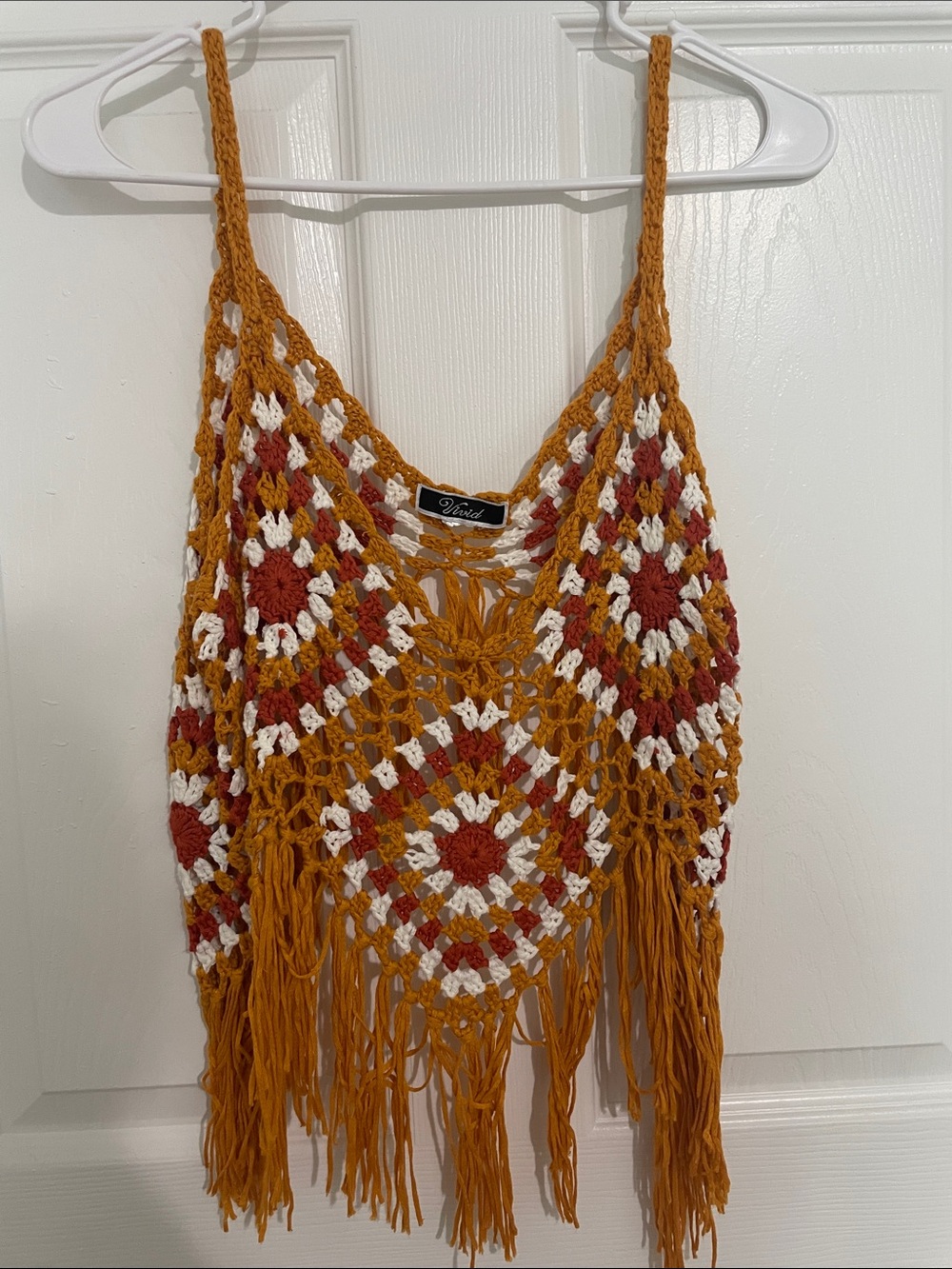 Vivid Crochet Fringe Tank in Mustard, Rust & White
